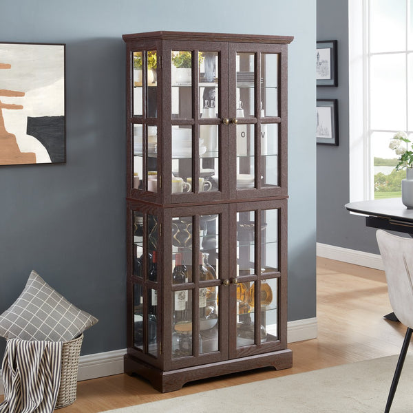 English Elm Curio Glass Cabinet with Lattice Doors and Adjustable Shelves, Antique Showcase with E26 Bulb Included Cherry W1758P387895