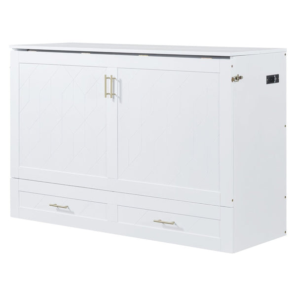 English Elm Queen Murphy Wall Bed Cabinet with Storage Drawer Built-in Power Outlets Usb Ports White LP000400AAK