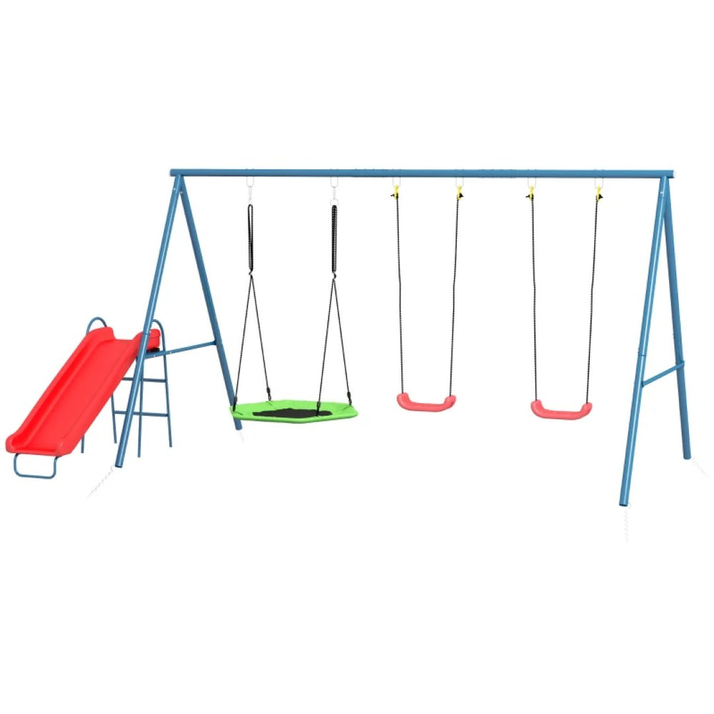 English Elm 3 Activity Kids Metal Swing Set with Nest Spinner Dual Seats and Slide for Backyard T3971P439115