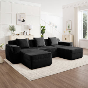English Elm Modular 3-Seat U-Shaped Sectional Sofa - Cloud-Like Comfort With Movable Ottomans & Pillows W3041S00326