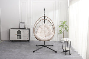 English Elm Outdoor Egg-shaped Hanging Chair with Stand — Beige Gray+White HDPE Cushions, 350lb Sturdy Frame W2500P290032