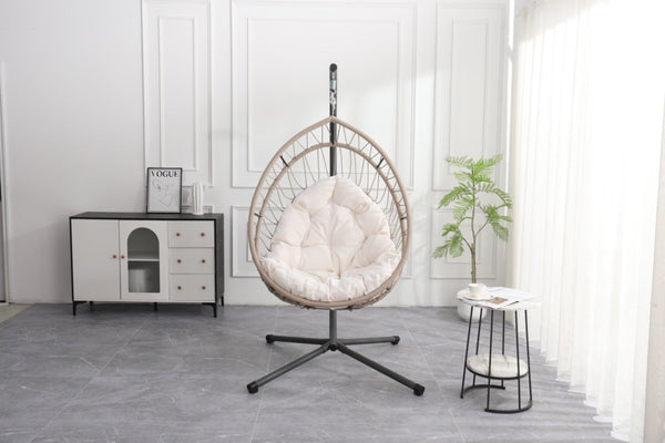English Elm Outdoor Egg-shaped Hanging Chair with Stand — Beige Gray+White HDPE Cushions, 350lb Sturdy Frame W2500P290032