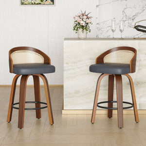 English Elm Swivel Counter Stools Set of 2 Rattan Back Pu Seat Mid Century Wood Frame Kitchen Black T3623P431195