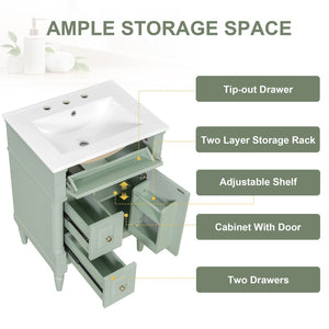 English Elm 24 Inch Freestanding Vanity with Ceramic Sink Rubberwood Frame Matte Finish Storage Green N725P356058F