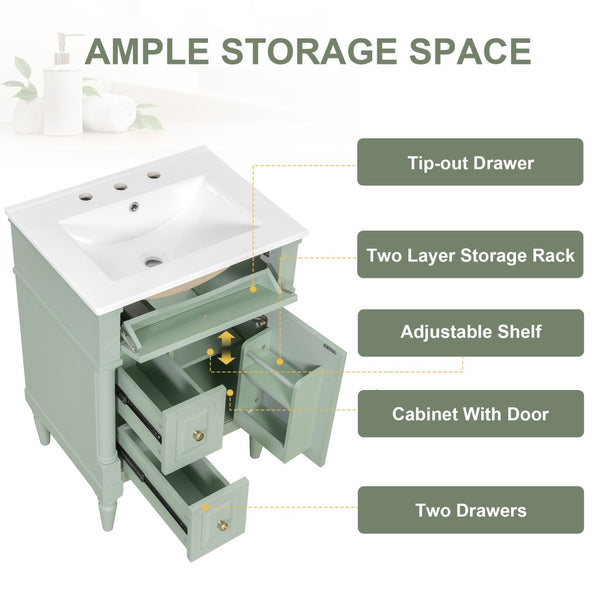 English Elm 24 Inch Freestanding Vanity with Ceramic Sink Rubberwood Frame Matte Finish Storage Green N725P356058F