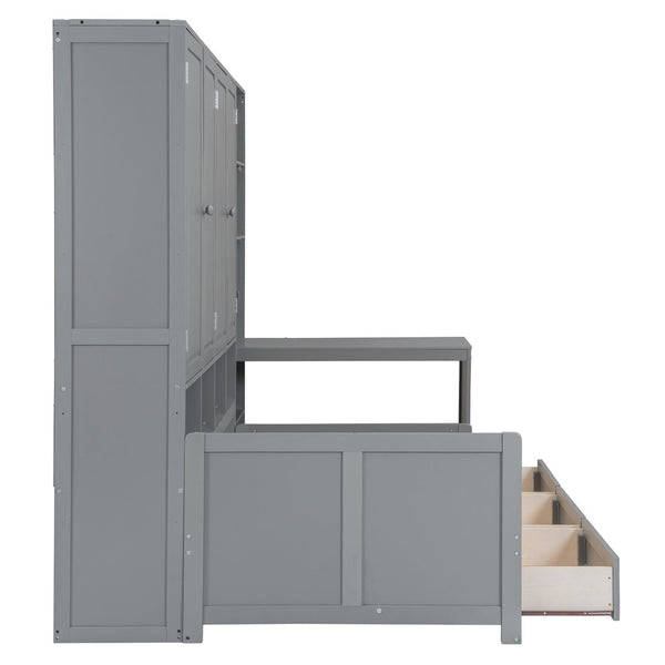 English Elm Twin Size Wooden Daybed With Integrated Desk, Storage Drawers, And Shelves - Stylish Gray Design! N820S00054E-GIGA