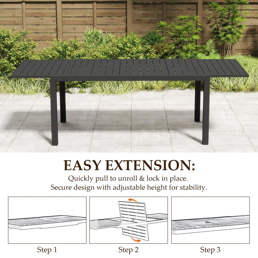 English Elm 97.2"L Extendable Aluminum Outdoor Dining Table with Rust-Resistant E-Coating and Adjustable Legs Black W1859P359697