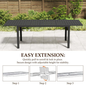 English Elm 97.2"L Extendable Aluminum Outdoor Dining Table with Rust-Resistant E-Coating and Adjustable Legs Black W1859P359697