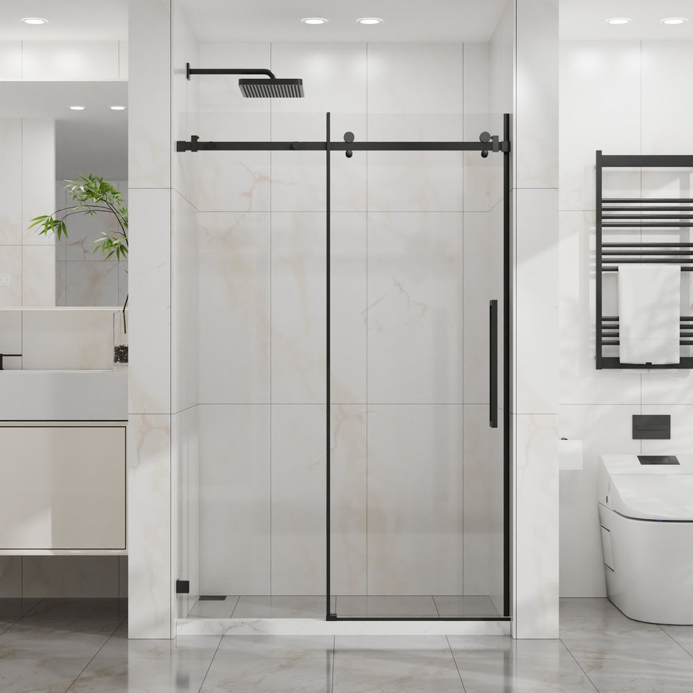 English Elm Goodyo 48" W X 72" H Modern Sliding Shower Door - Frameless Clear Glass, Easy-Clean Coating, Matte Black Hardware D163118741