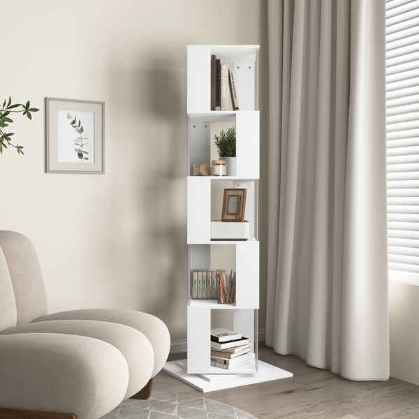 English Elm 5 tier rotating bookshelf with 360° swivel, large-capacity wood veneer rack with acrylic shelves and anti-tip base White W409P167480