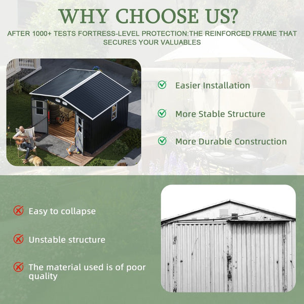 English Elm Outdoor Metal Storage Shed 8x10 with Four Windows Lockable Doors Waterproof Steel W1598S00038