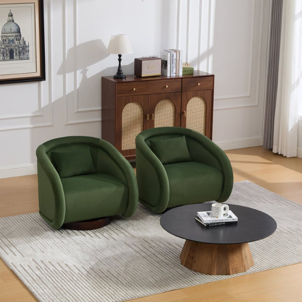 English Elm Swivel Barrel Chair Pumpkin Sculptural Velvet Upholstered with Walnut Wood Round Base Green W3244P427740