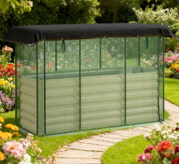 English Elm Galvanized Steel Raised Garden Bed with Hdpe Crop Cage and Shade Cloth Kit T3971P422481