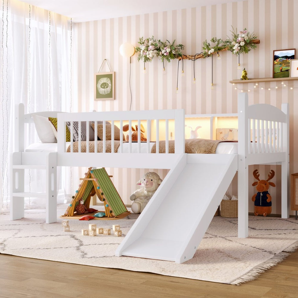 English Elm Twin Low Loft Bed Solid Pine Frame with Built-in Led Lighting and Storage Shelves Light White W1580P395928