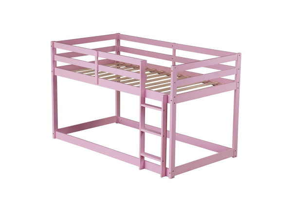 English Elm Solid Rubberwood Twin Over Twin Floor Bunk Bed - Sturdy, Stylish Pink Design With Ladder & Slats W504P191672-GIGA