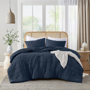 English Elm 3-piece Cal King Pintuck Pleated Microfiber Comforter Set Soft Washed Tailored Bedding Navy B035P463227