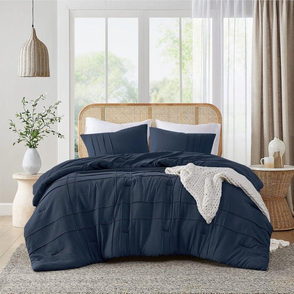 English Elm 3-piece Cal King Pintuck Pleated Microfiber Comforter Set Soft Washed Tailored Bedding Navy B035P463227