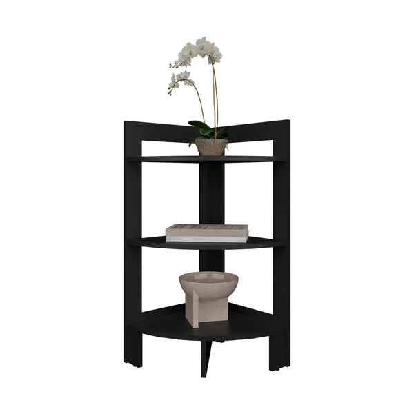 English Elm Corner Table Sharon Black — Three-Tier Engineered Wood Corner Shelf, Space-Saving Display & Storage Solution B092P238756