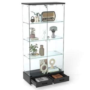 English Elm Modern Glass Display Cabinet With Led Lighting & Drawers – Elegant Black Storage Solution For Home W241P268282
