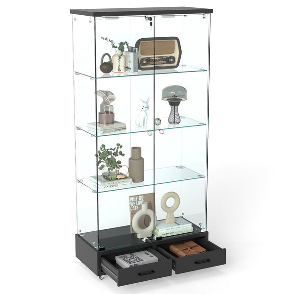 English Elm Modern Glass Display Cabinet With Led Lighting & Drawers – Elegant Black Storage Solution For Home W241P268282