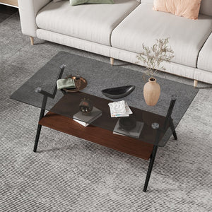 English Elm Coffee Table Set Of 3 With Gray Tempered Glass Top, Stylish Mdf Shelf & Iron Legs For Modern Living W241S00047