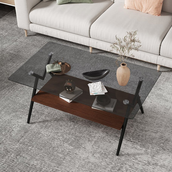 English Elm Coffee Table Set Of 3 With Gray Tempered Glass Top, Stylish Mdf Shelf & Iron Legs For Modern Living W241S00047