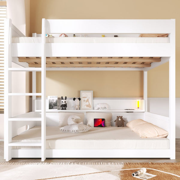 English Elm Queen Over Pine Bunk Bed with Built-in Shelves and Usb Charging Ports White N7090002238K