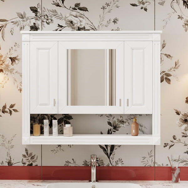 English Elm 35inch White Wall Mounted Medicine Cabinet Mirrored Doors Open Shelving Bathroom Storage N710P415335K