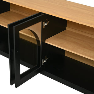 English Elm Farmhouse Media Console with Arched Glass Doors Wood Grain Two Tone Living Room Storage Black N721P411204B