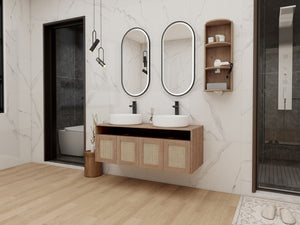 English Elm 48" Floating Bathroom Vanity Dual Ceramic Vessel Sinks Oak Finish Soft Close Doors W999S00504