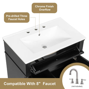 English Elm 30" Freestanding Bathroom Vanity Rubberwood Frame Ceramic Sink Flip Drawer Storage Black N725P356062B