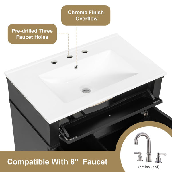 English Elm 30" Freestanding Bathroom Vanity Rubberwood Frame Ceramic Sink Flip Drawer Storage Black N725P356062B