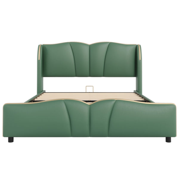 English Elm Christopher Knight Home® - Queen Plush Leather Upholstered Bed Frame with Wingback Headboard, Wavy Footboard, Quiet Support Dark Green 85.2 L x 9.8 W x 3.25 H N761S0000016F