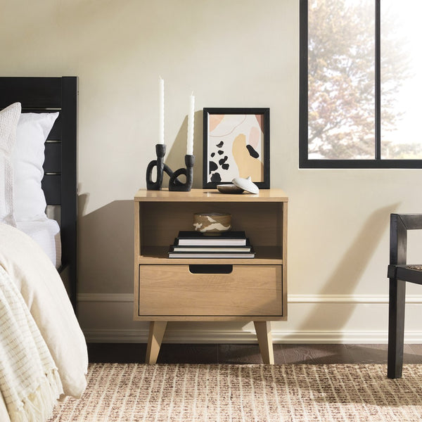 Hans Sleek Mid-Century Modern Nightstand with 1 Drawer and Open Cubby for Stylish Storage Solutions