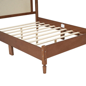 English Elm Full Size Walnut Platform Bed with Arched Rattan Headboard for Coastal Bohemian Rooms N733P180014D