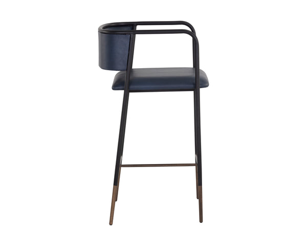 Sunpan Brenan Counter Stool - Elegant Curved Backrest, Unique Faux Leather, Black Metal Frame & Brass Caps Bravo Admiral
