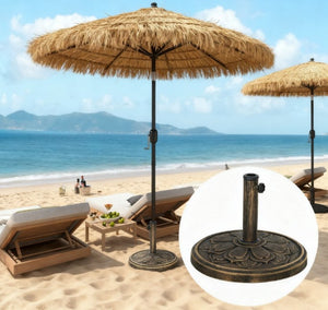 English Elm Umbrella Stand Resin Concrete Base with Lotus Relief Bronze Finish for Patio Decks T3971P426735