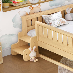 English Elm Queen Bunk Bed with Trundle Solid Pine Kids Car Themed Frame Built-in Bookshelf Light Natural W1580S00563