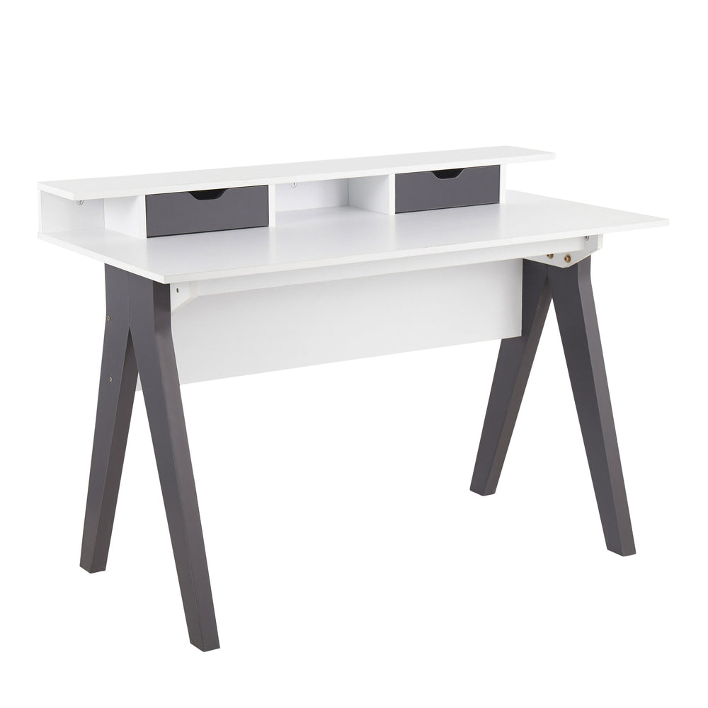 English Elm Wishbone Contemporary Desk with White Top & Grey Accents by LumiSource — Raised Shelf, 2 Drawers, Stylish Home Office Solution B202P223973