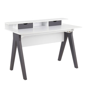 English Elm Wishbone Contemporary Desk with White Top & Grey Accents by LumiSource — Raised Shelf, 2 Drawers, Stylish Home Office Solution B202P223973