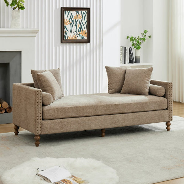 English Elm 75.2'' Chenille Upholstered Daybed Chaise with Nailhead Trim and Rubberwood Legs Taupe W3188S00057