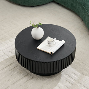 English Elm 31.49'' Round Coffee Table with Hidden Storage, Space-Saving Modern Pedestal Design for Apartments Matt Black W876P365222