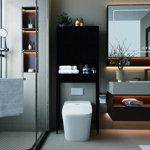 English Elm Toilet Side Bamboo Tower with Louvered Doors Open Shelf Freestanding Bathroom Organizer W2207P334026