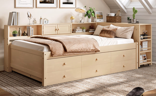 English Elm Twin Daybed Pine Frame with Trundle Desk Hutch Shelves and Storage for Kids Rooms Golden W1580S00460