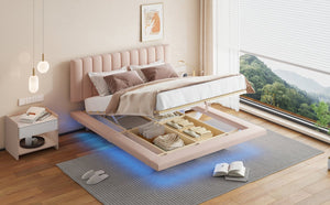 English Elm Queen Upholstered Floating Bed with LED Lighting, Hydraulic Lift, 4 Storage Drawers, Velvet Luxury Pink SF000132AAH
