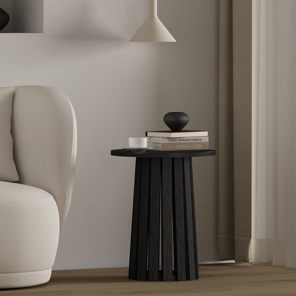 English Elm Layla Round End Table with Slatted Conical Base, Wood Grain Finish, Compact Surface for Decor Black B365P398080