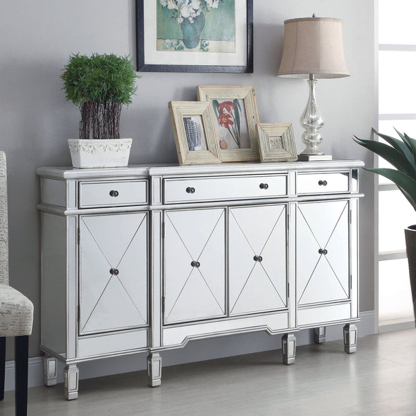 English Elm Battista Silver Mirrored 3-Drawer Wine Cabinet with Beveled Panels, Shelving & Glamorous Storage Appeal B062P353475