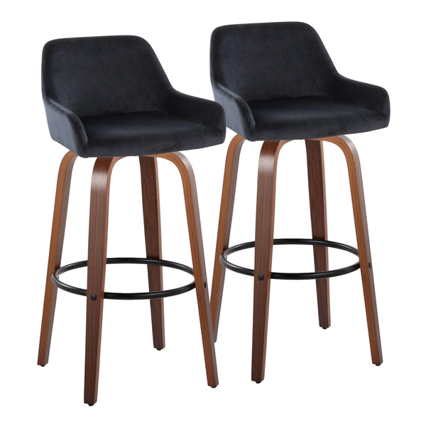 English Elm Daniella 30" Modern Barstool Set Of 2 With Swivel, Black Velvet, Walnut Wood & Metal Footrest B202S00560