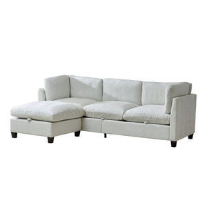 English Elm 96.5" L-shaped Chenille Sectional with Storage Ottoman Eucalyptus Frame Living Room Beige W1097S00279