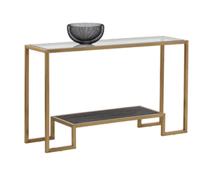 Sunpan CARVER Console Table - Elegant Mid-Century Modern Design with Glass Top & Gold Frame for Stylish Spaces 103756